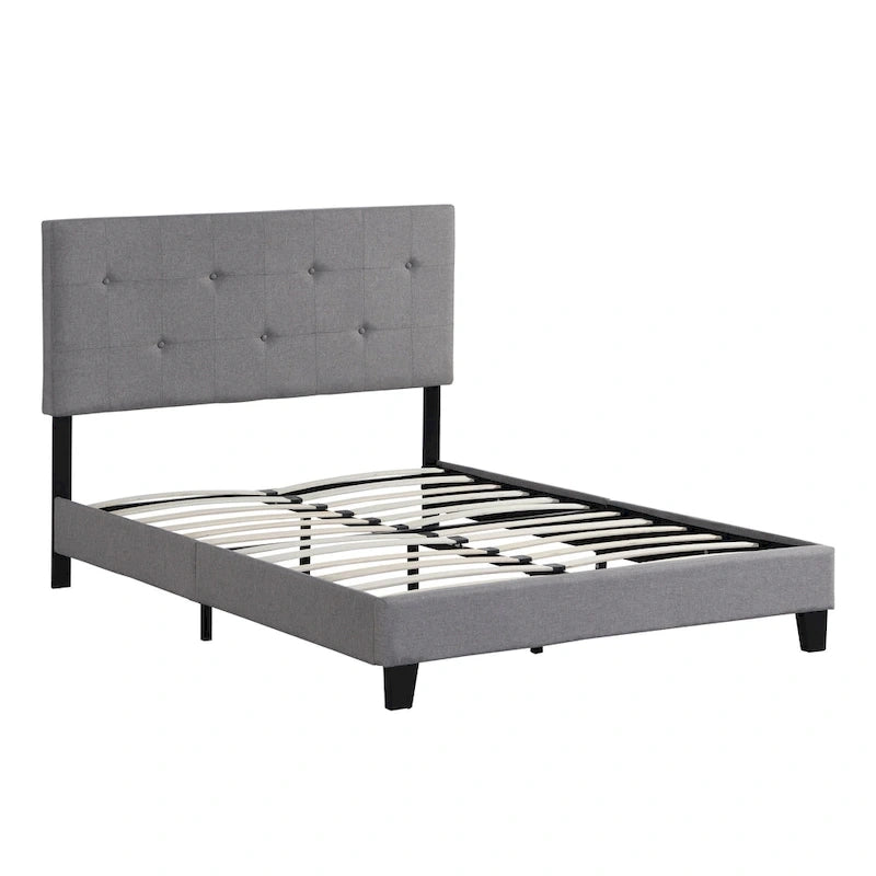 Lit plate-forme double en lin gris avec tête de lit capitonnée à points, support solide en lattes de bois, aucun sommier tapissier requis