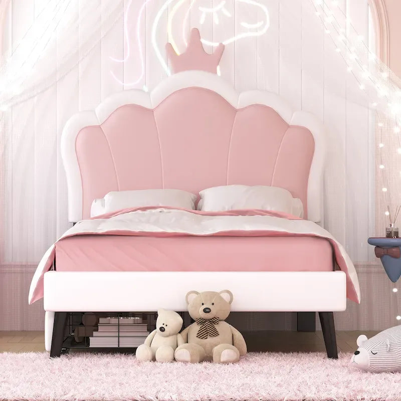 Lit de princesse rembourré avec tête de lit couronne et tiroirs