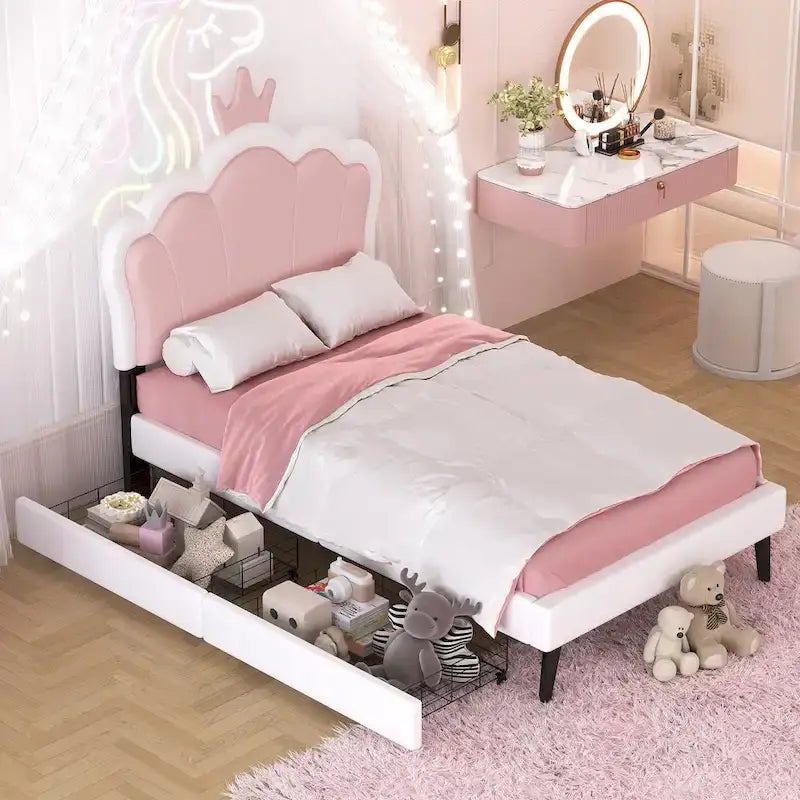 Lit de princesse rembourré avec tête de lit couronne et tiroirs