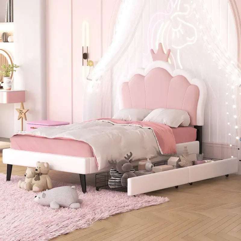 Lit de princesse rembourré avec tête de lit couronne et tiroirs