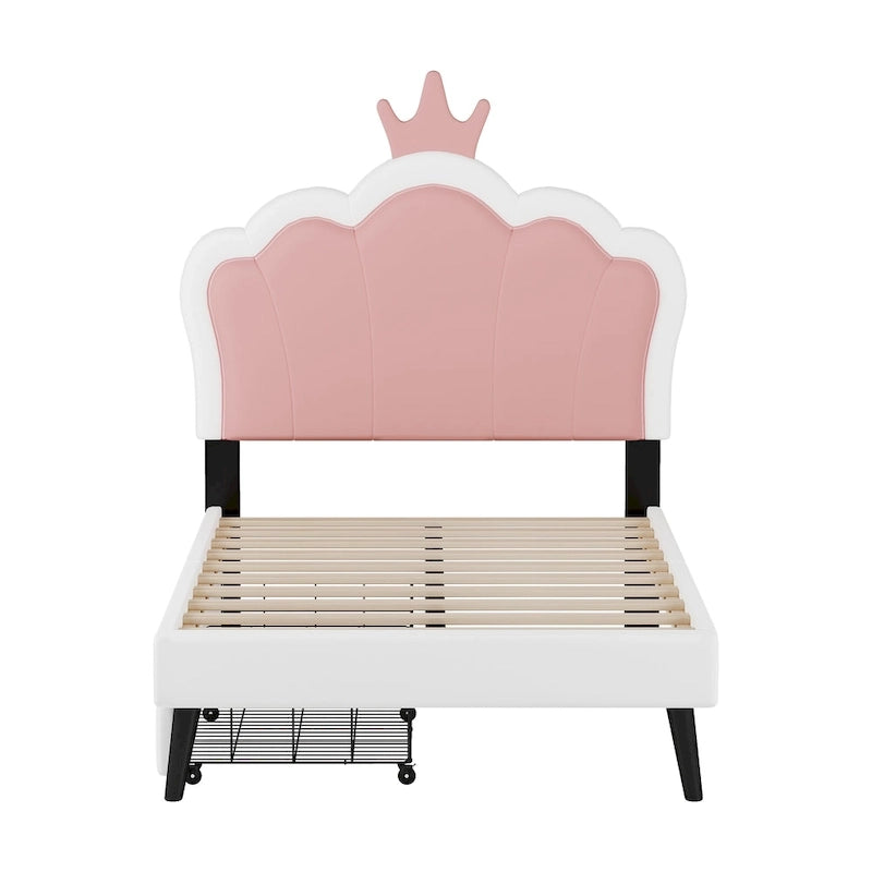 Lit de princesse rembourré avec tête de lit couronne et tiroirs