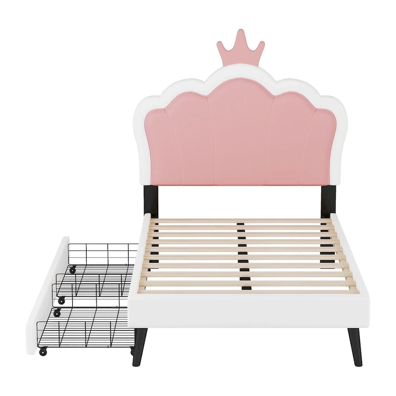 Lit de princesse rembourré avec tête de lit couronne et tiroirs