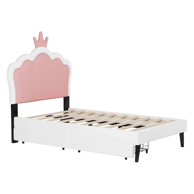 Lit de princesse rembourré avec tête de lit couronne et tiroirs