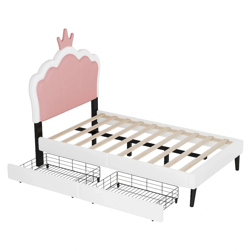 Lit de princesse rembourré avec tête de lit couronne et tiroirs