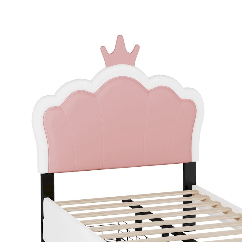 Lit de princesse rembourré avec tête de lit couronne et tiroirs