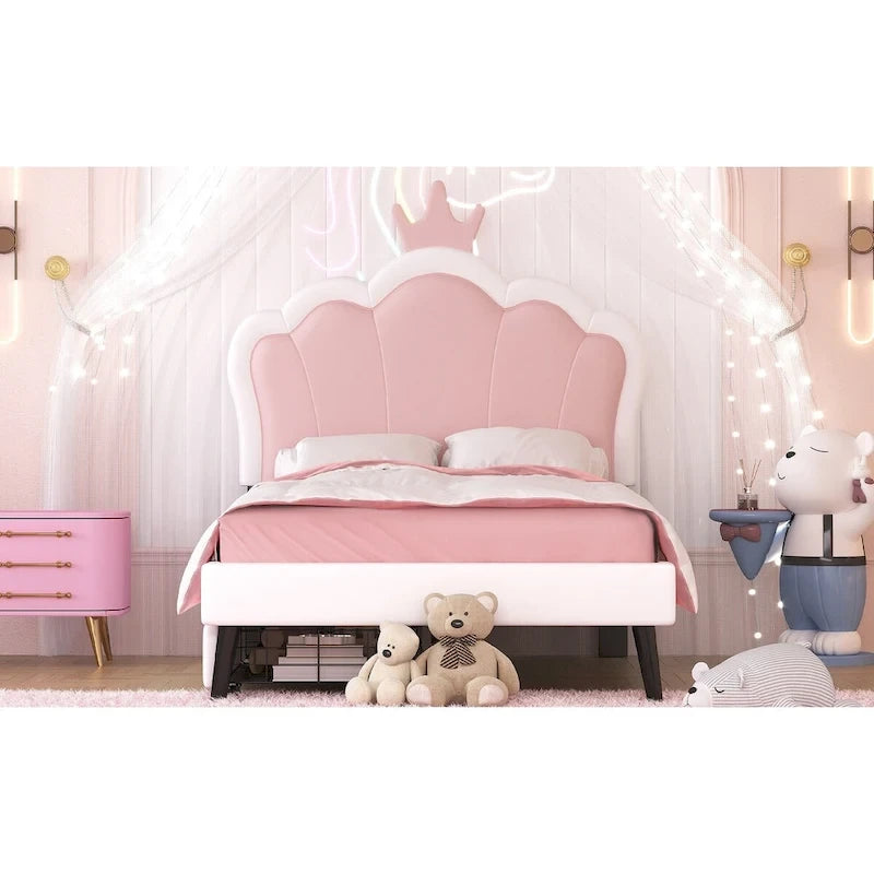 Lit de princesse rembourré avec tête de lit couronne et tiroirs