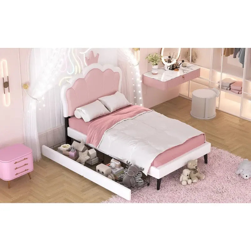 Lit de princesse rembourré avec tête de lit couronne et tiroirs