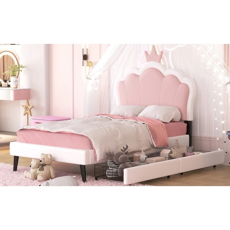 Lit de princesse rembourré avec tête de lit couronne et tiroirs