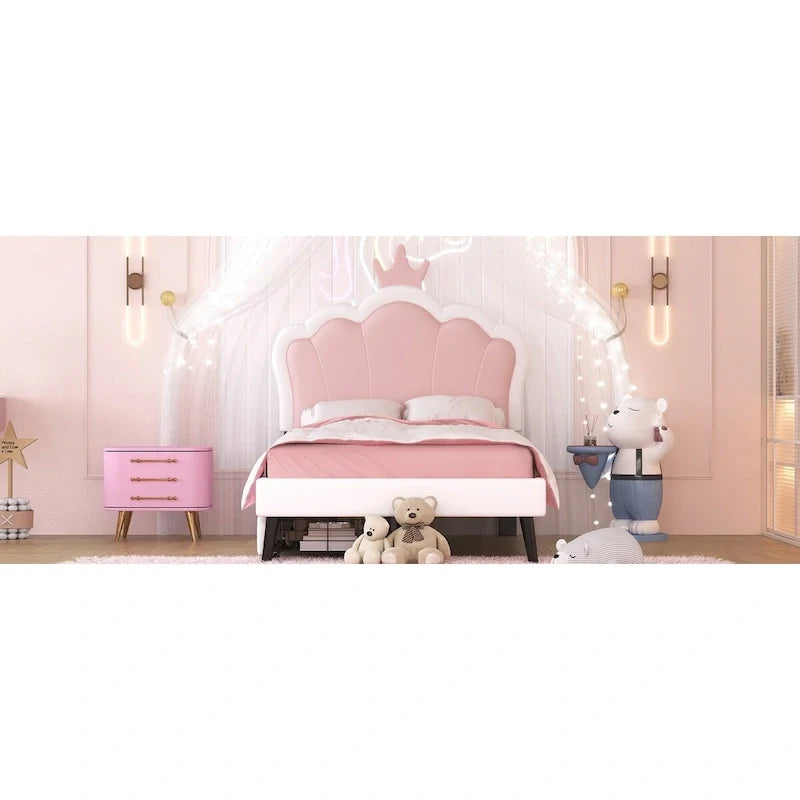 Lit de princesse rembourré avec tête de lit couronne et tiroirs