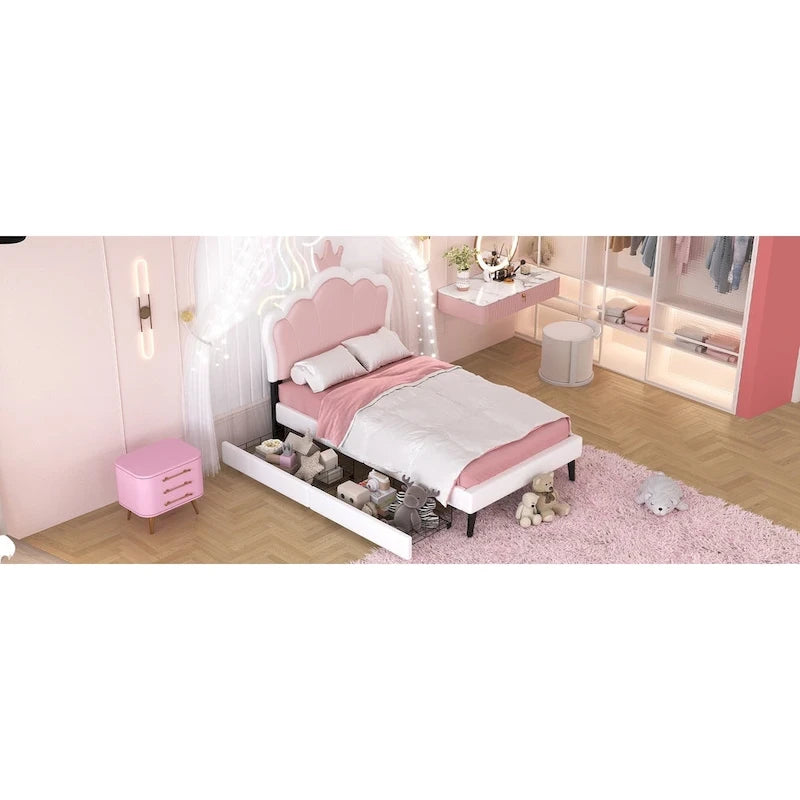 Lit de princesse rembourré avec tête de lit couronne et tiroirs