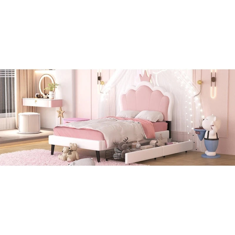 Lit de princesse rembourré avec tête de lit couronne et tiroirs