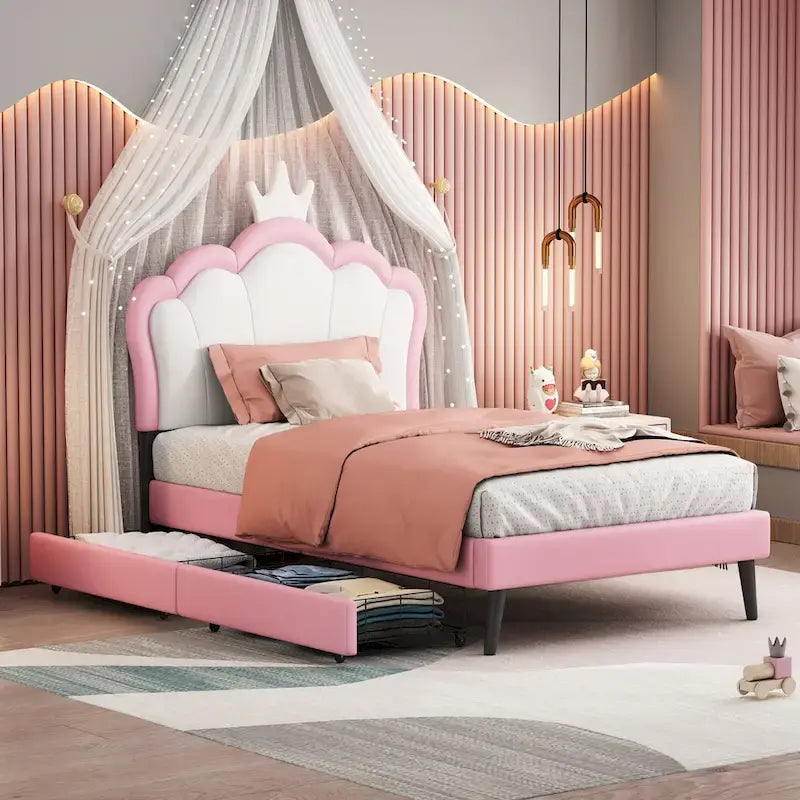 Lit de princesse rembourré avec tête de lit couronne et tiroirs