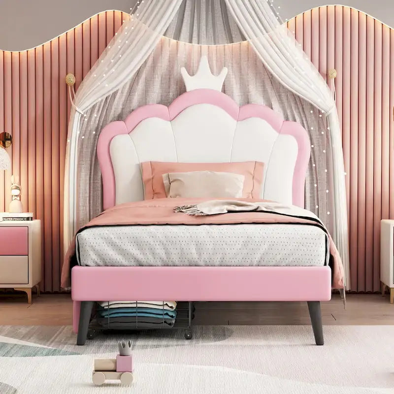 Lit de princesse rembourré avec tête de lit couronne et tiroirs