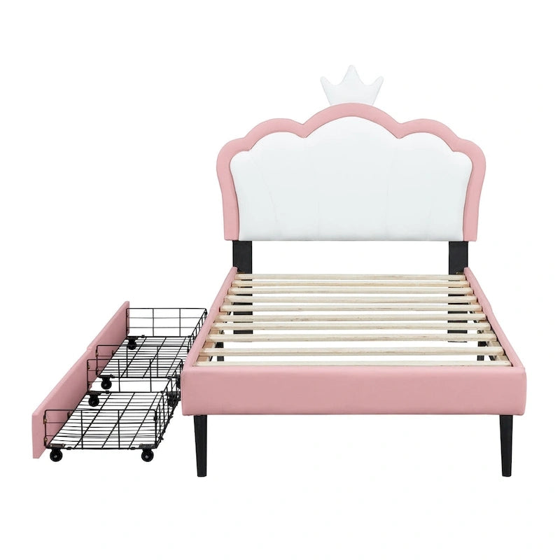 Lit de princesse rembourré avec tête de lit couronne et tiroirs