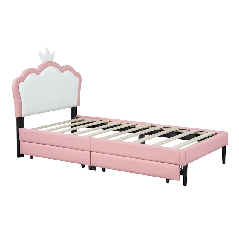 Lit de princesse rembourré avec tête de lit couronne et tiroirs