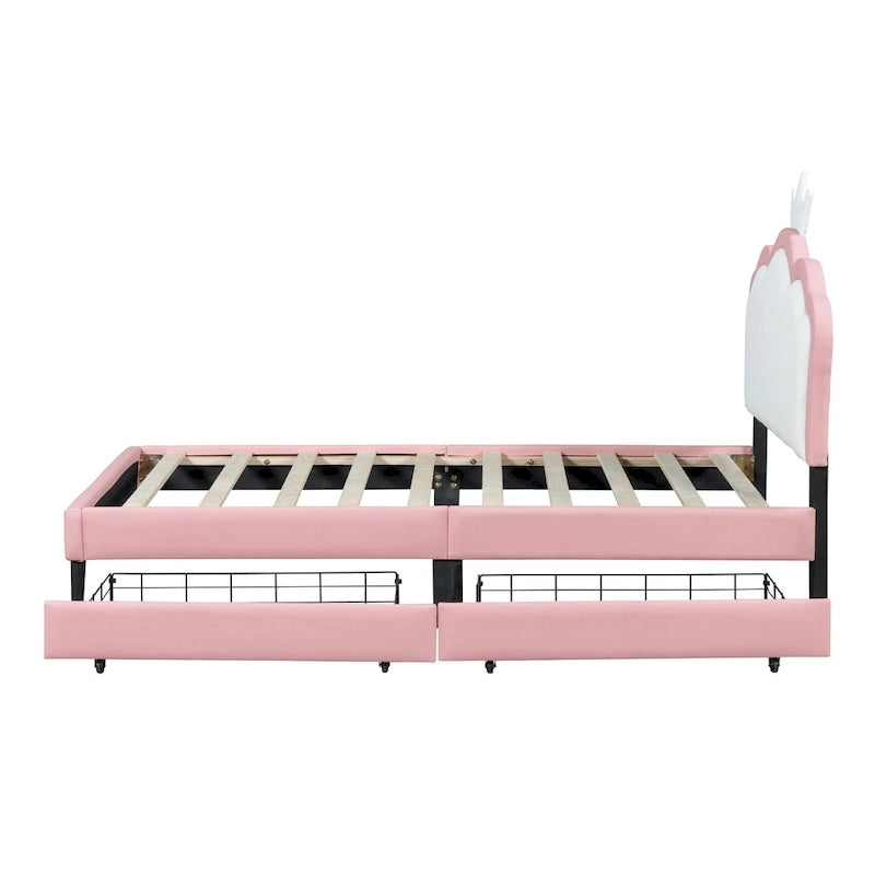 Lit de princesse rembourré avec tête de lit couronne et tiroirs