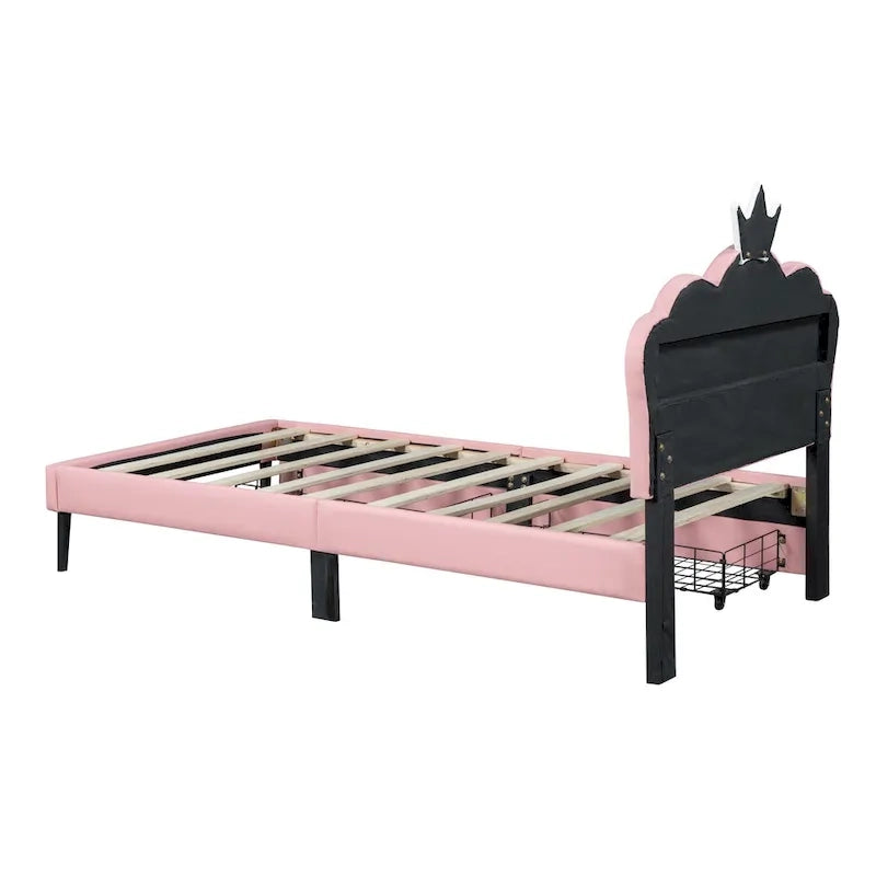 Lit de princesse rembourré avec tête de lit couronne et tiroirs