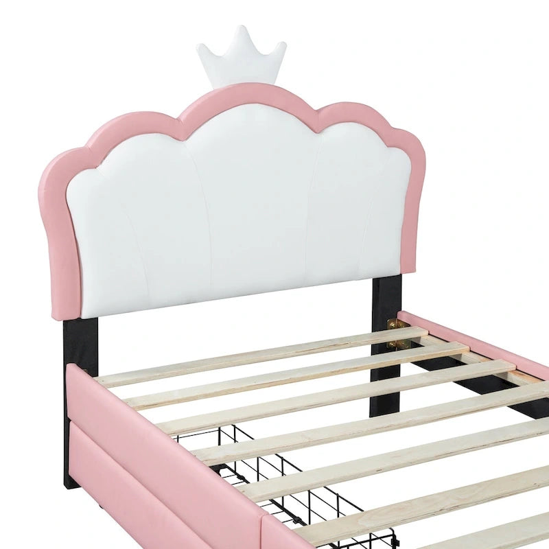 Lit de princesse rembourré avec tête de lit couronne et tiroirs