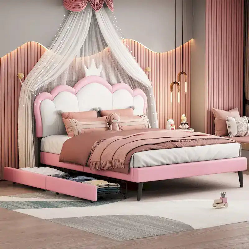Lit de princesse rembourré avec tête de lit couronne et tiroirs