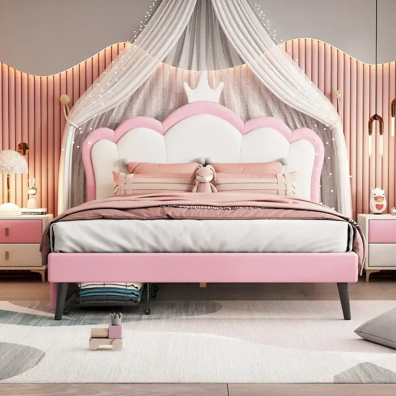 Lit de princesse rembourré avec tête de lit couronne et tiroirs