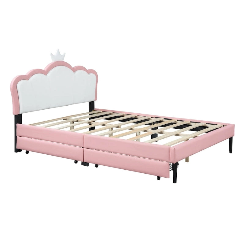 Lit de princesse rembourré avec tête de lit couronne et tiroirs