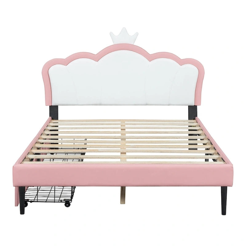 Lit de princesse rembourré avec tête de lit couronne et tiroirs