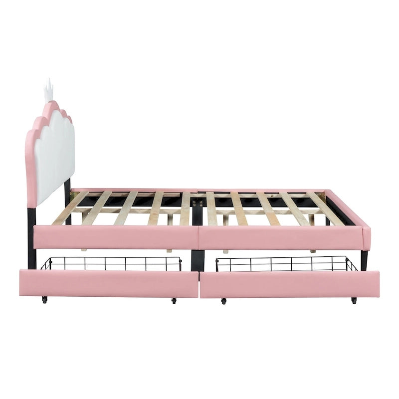Lit de princesse rembourré avec tête de lit couronne et tiroirs