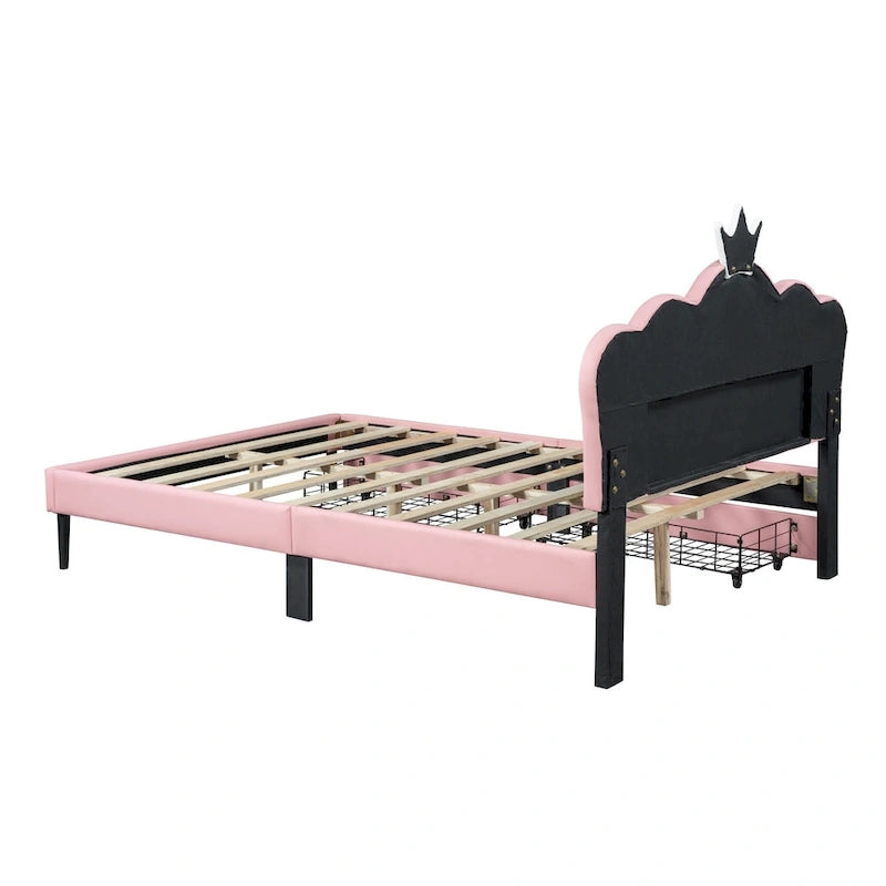 Lit de princesse rembourré avec tête de lit couronne et tiroirs
