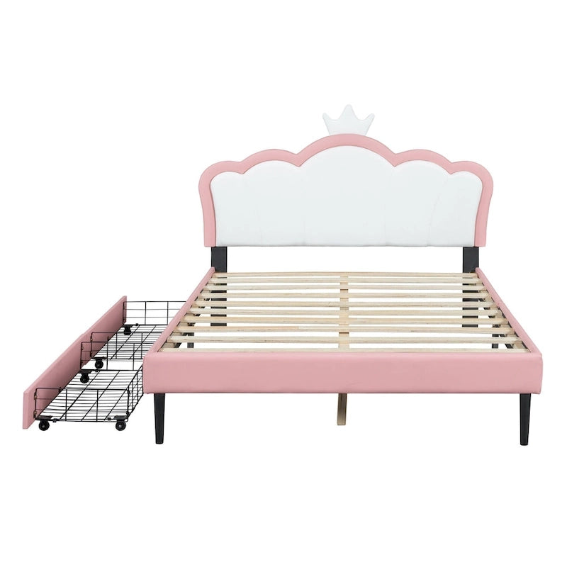 Lit de princesse rembourré avec tête de lit couronne et tiroirs