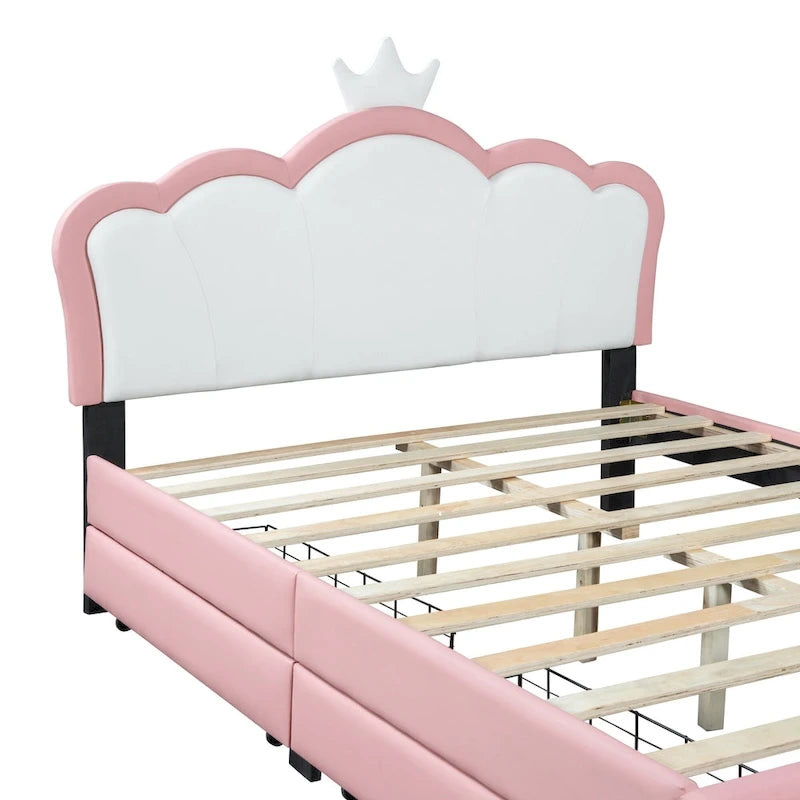 Lit de princesse rembourré avec tête de lit couronne et tiroirs