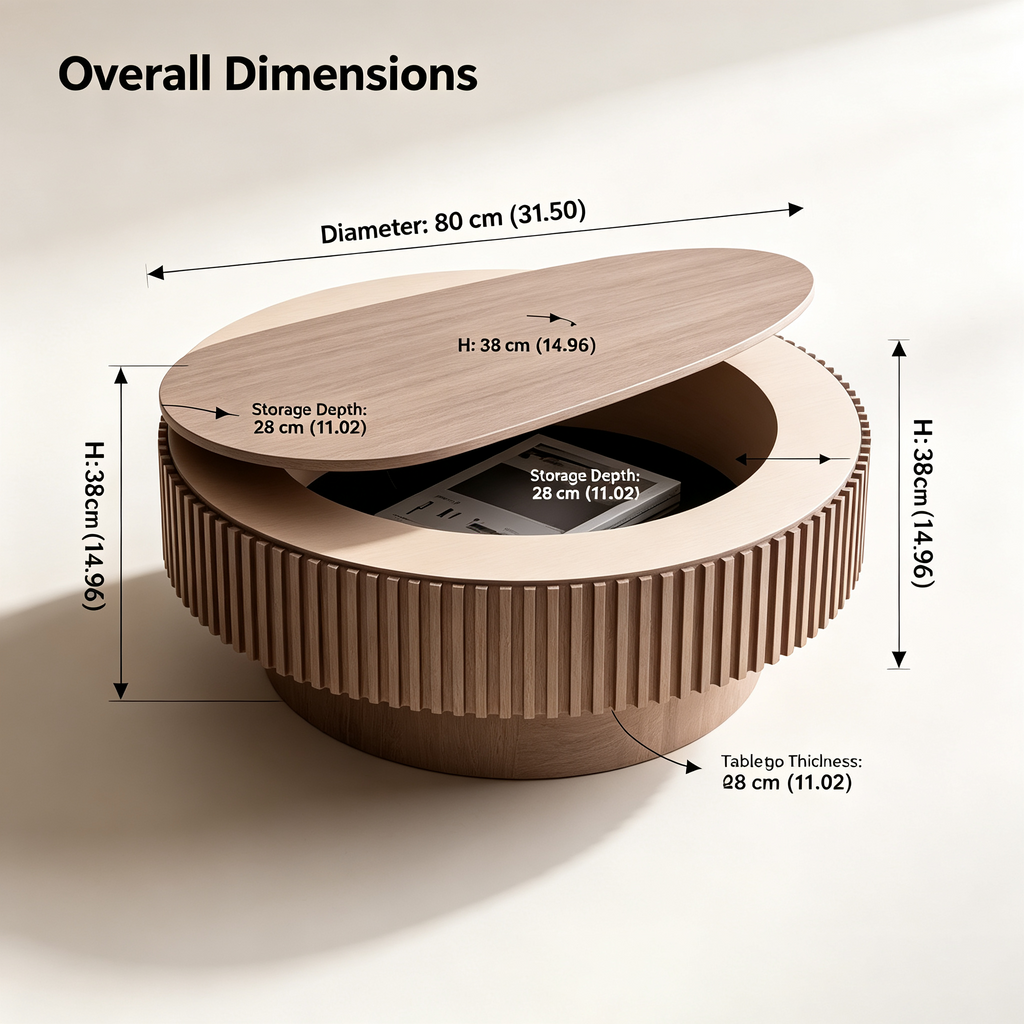 Table basse ronde de 99,99 cm avec rangement en bois massif plaqué