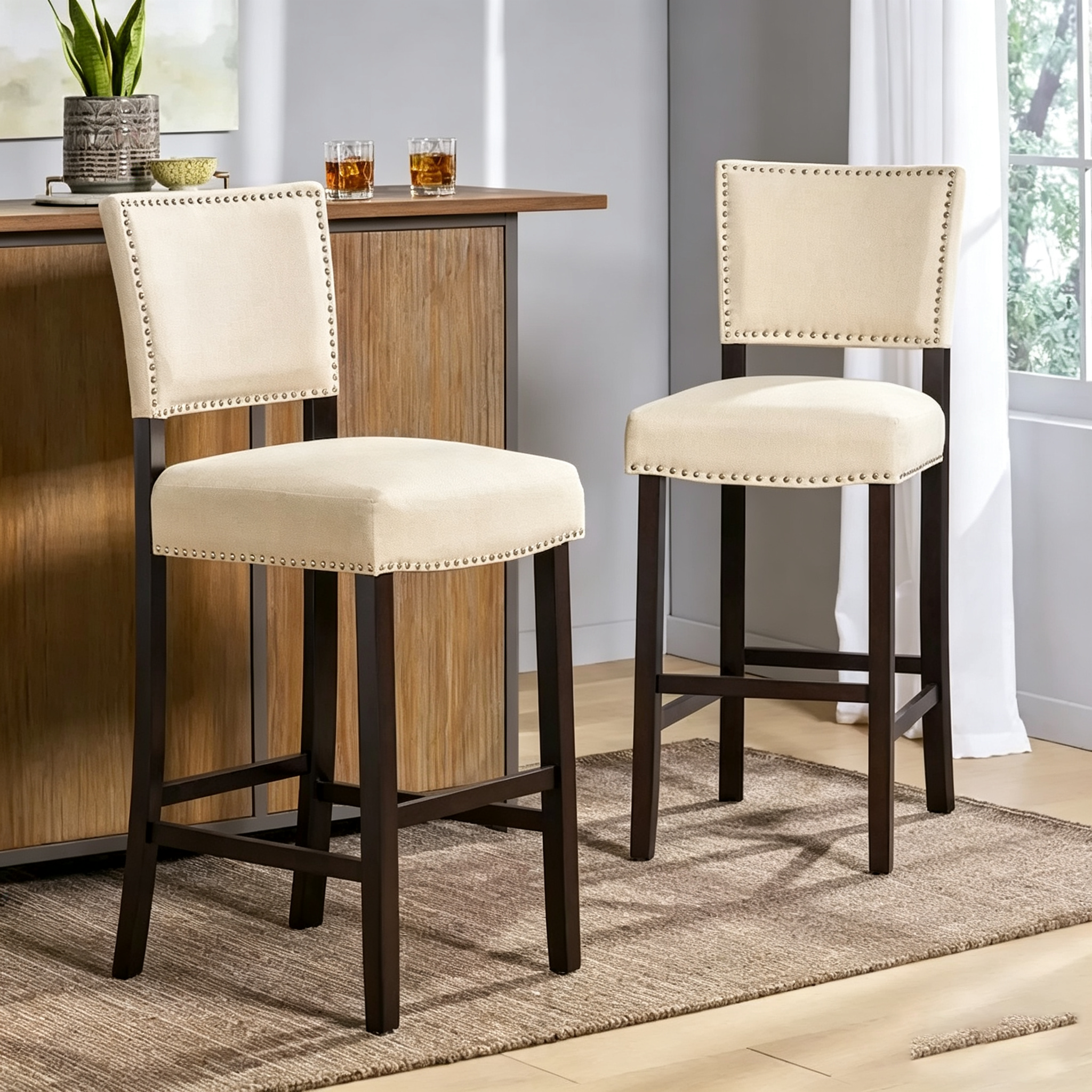 Tabourets de hauteur comptoir, chaise d'îlot de cuisine avec pieds en bois, chaise de salle à manger sans accoudoirs rembourrée avec dossier