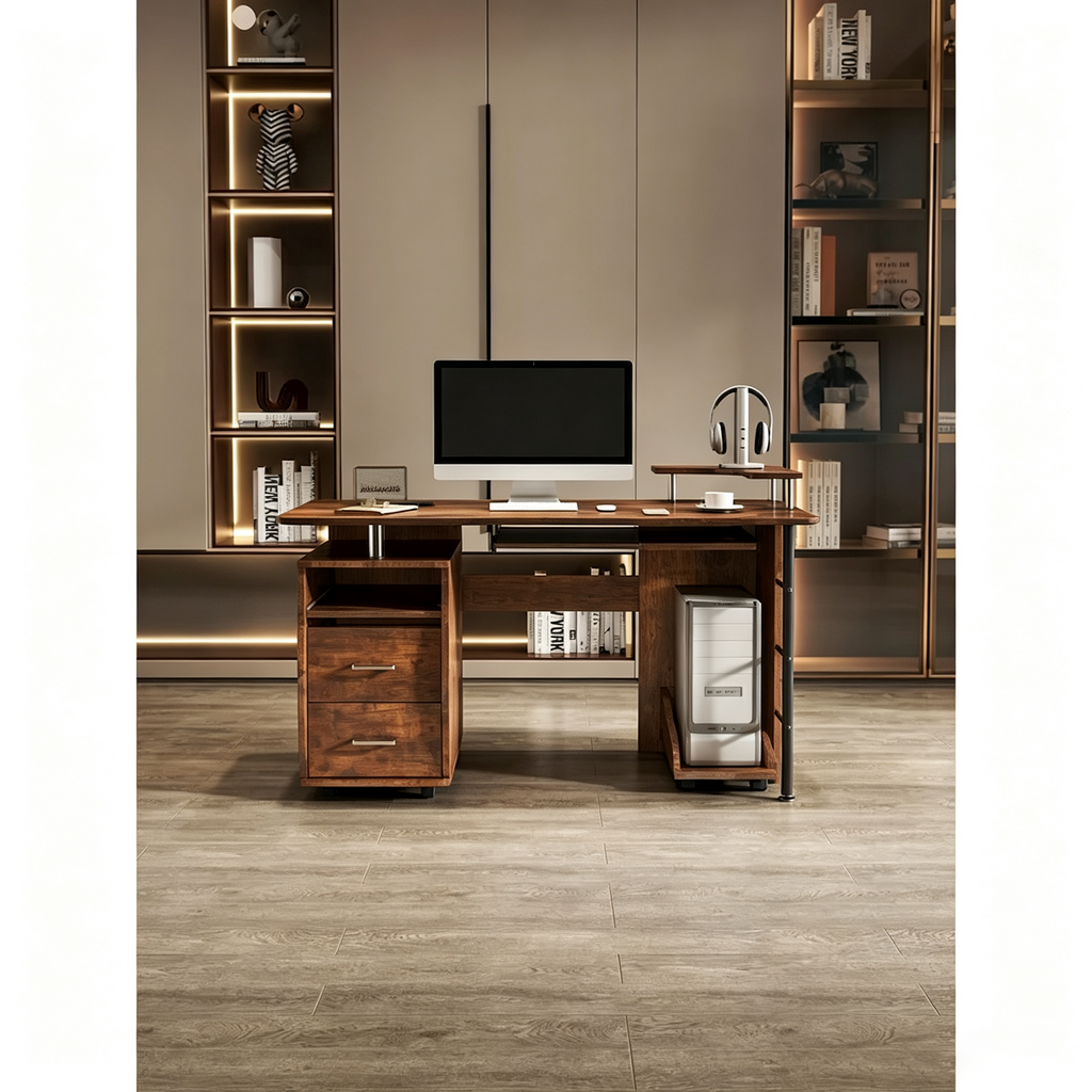Bureau d'ordinateur en bois massif, table de bureau avec roulette pour PC, étagères de rangement et classeur, deux tiroirs, support pour unité centrale, une étagère.