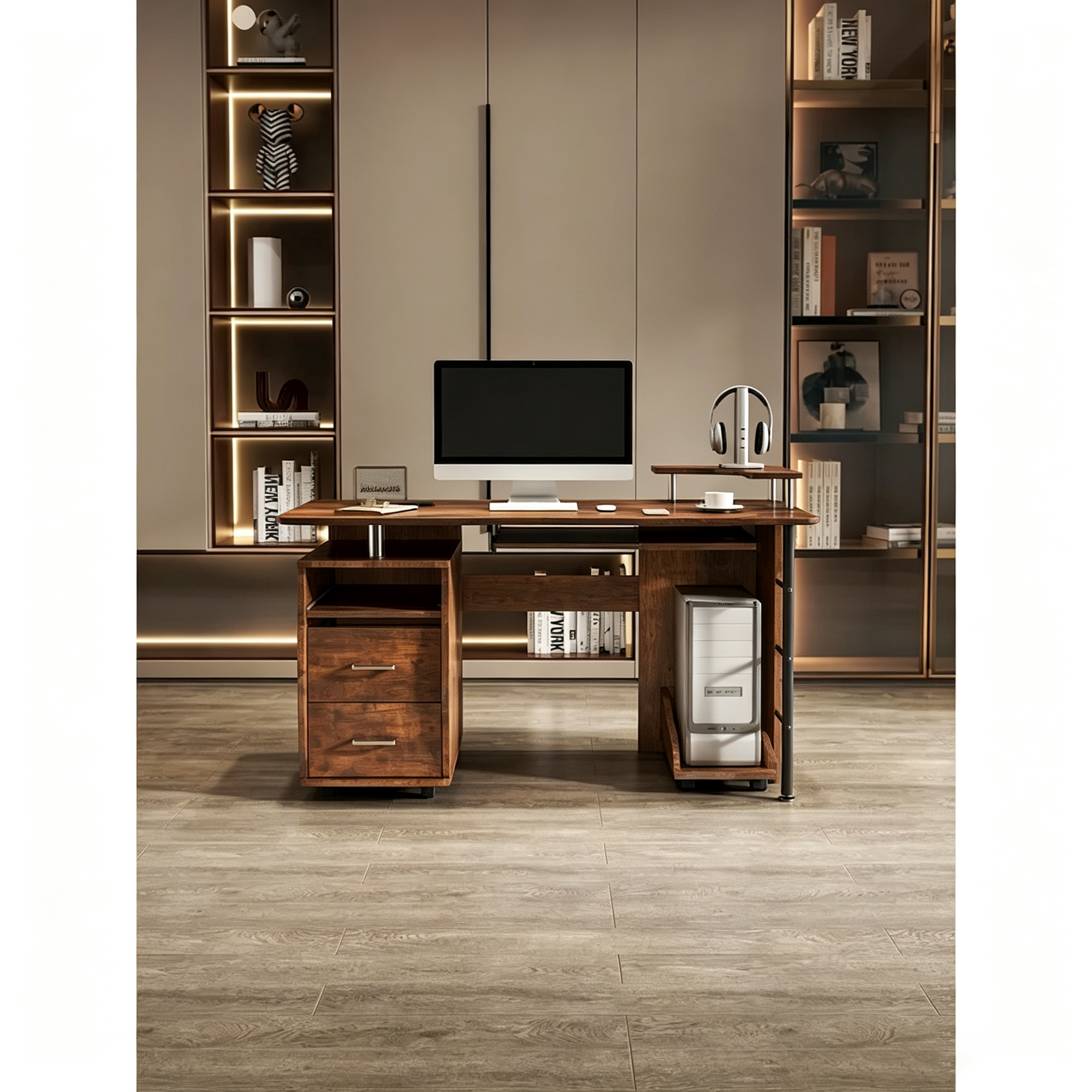 Bureau d'ordinateur en bois massif, table de bureau avec roulette pour PC, étagères de rangement et classeur, deux tiroirs, support pour unité centrale, une étagère.