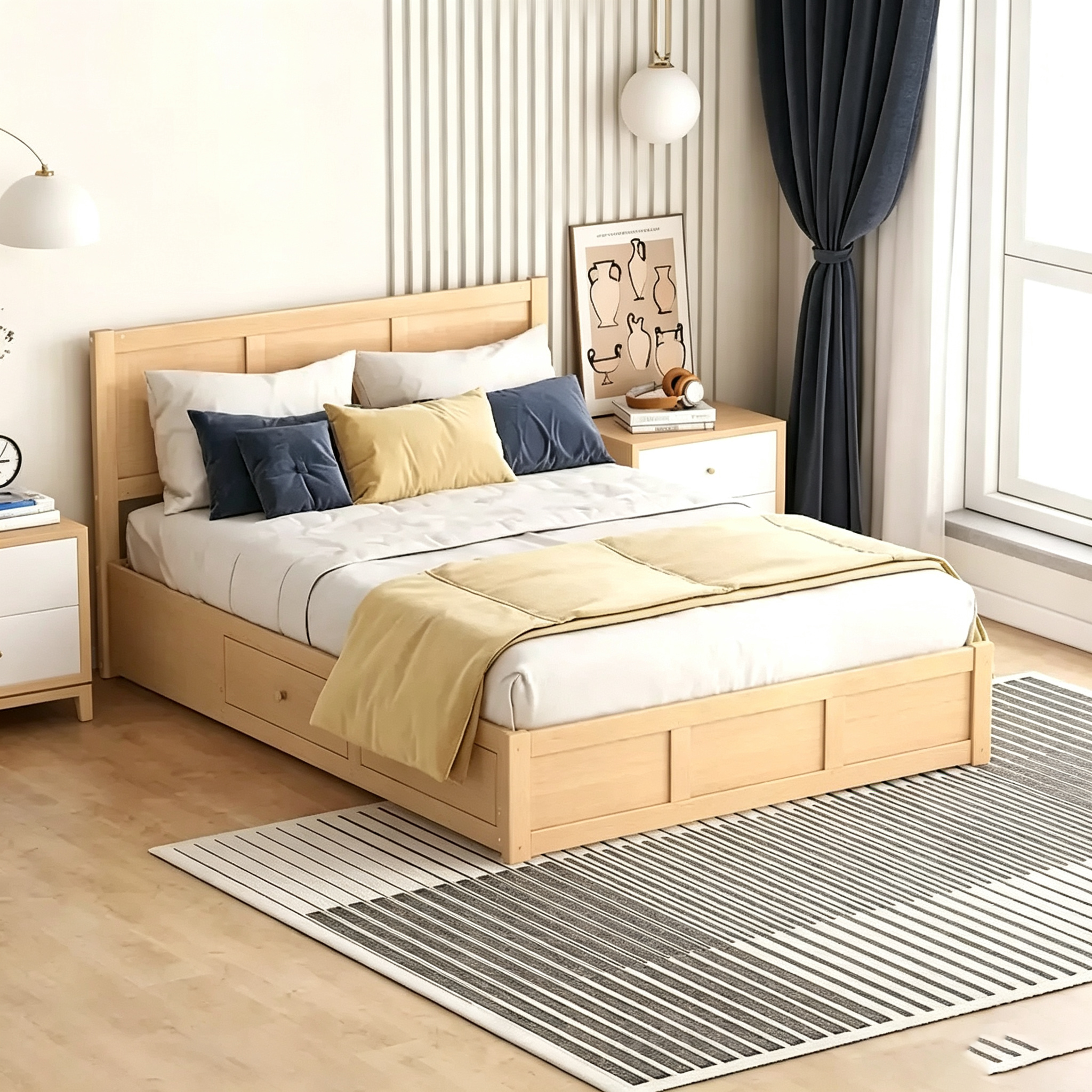 Lit plateforme en bois avec rangement intégré et 2 tiroirs