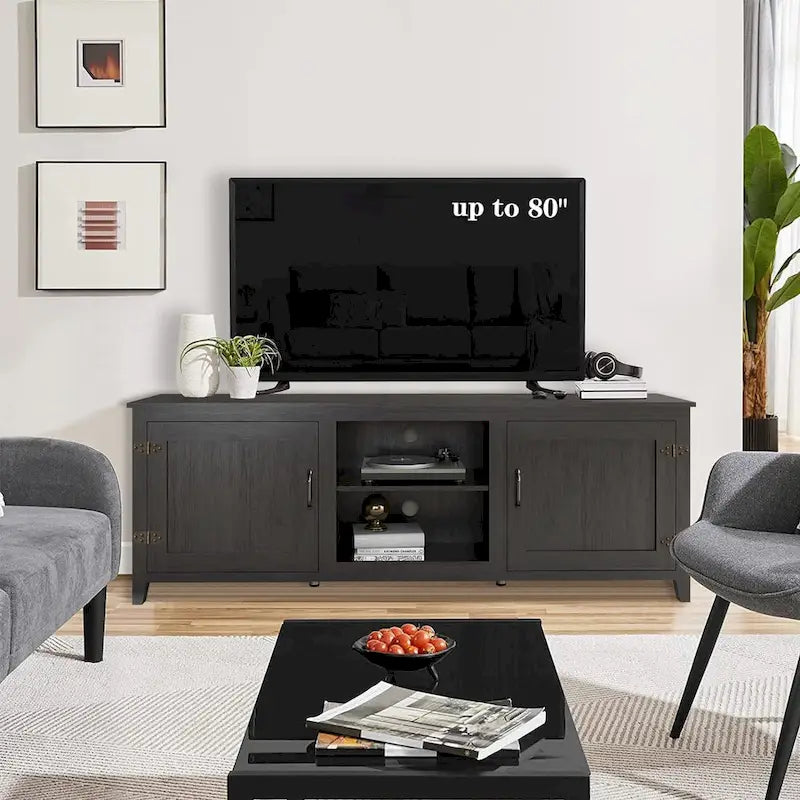 Meuble TV moderne 70 pouces avec étagères, meuble de divertissement multimédia avec portes - Noir - M