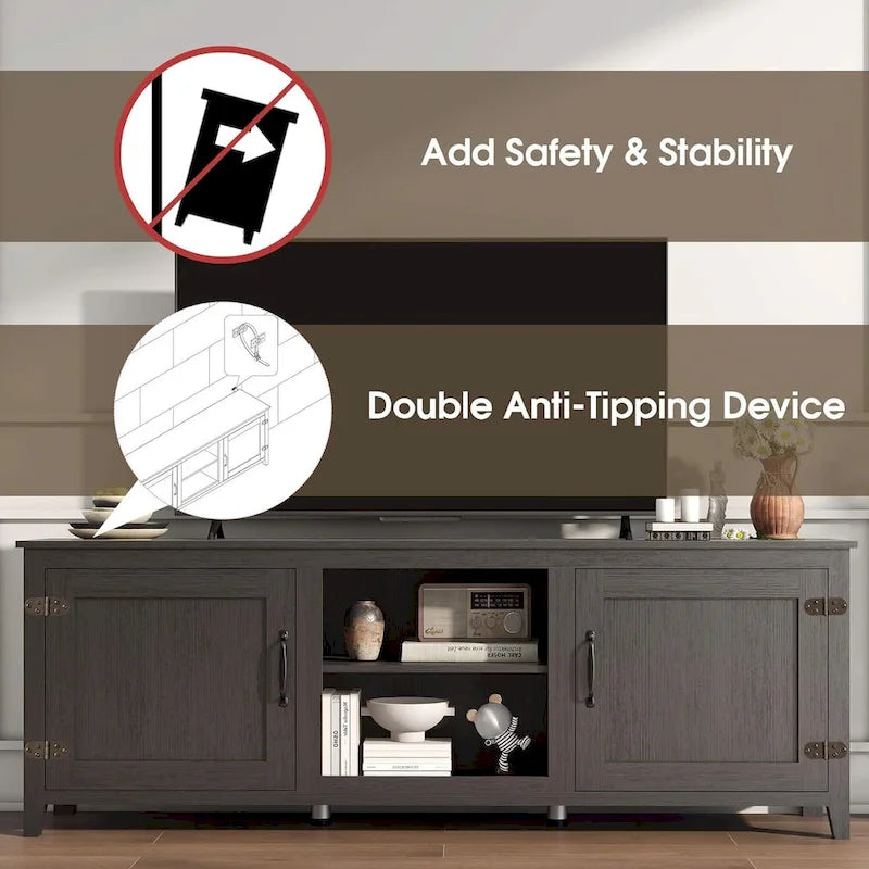 Meuble TV moderne 70 pouces avec étagères, meuble de divertissement multimédia avec portes - Noir - M