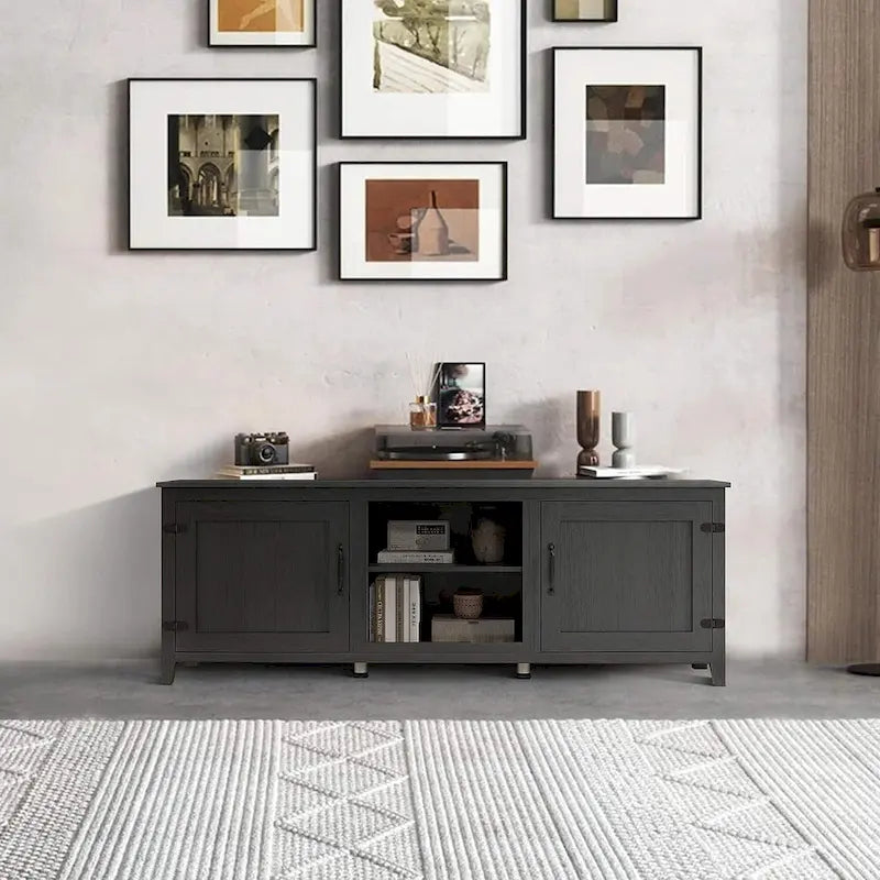 Meuble TV moderne 70 pouces avec étagères, meuble de divertissement multimédia avec portes - Noir - M