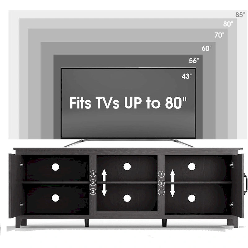 Meuble TV moderne 70 pouces avec étagères, meuble de divertissement multimédia avec portes - Noir - M