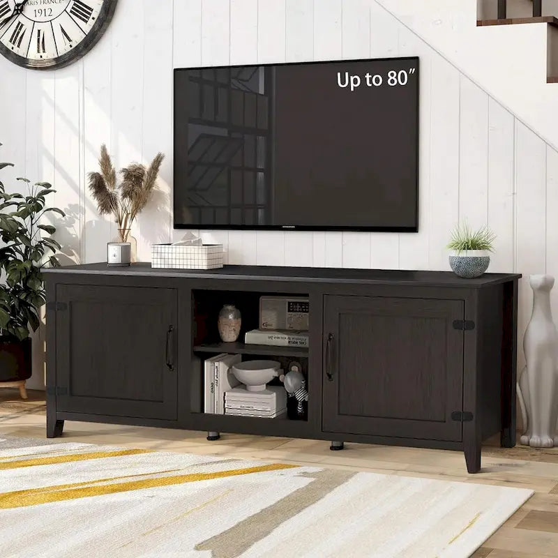 Meuble TV moderne 70 pouces avec étagères, meuble de divertissement multimédia avec portes - Noir - M