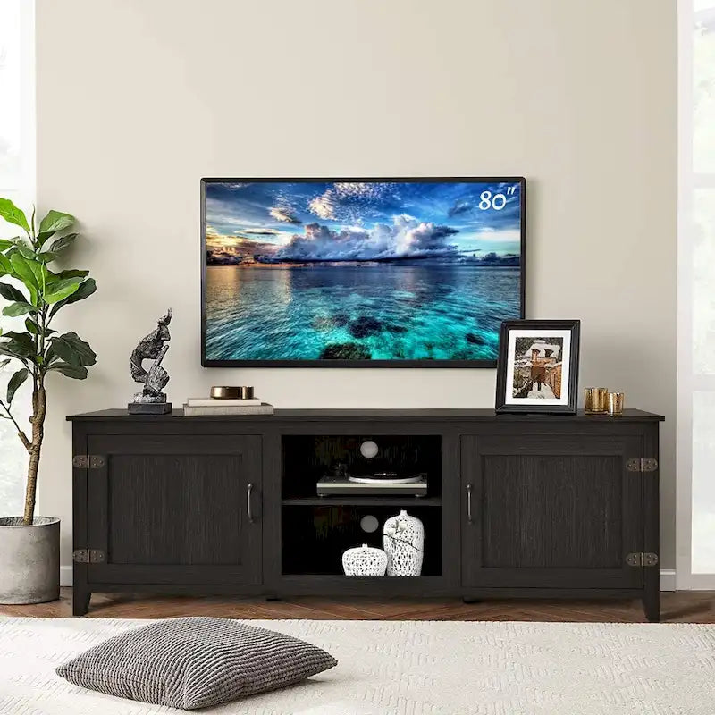 Meuble TV moderne 70 pouces avec étagères, meuble de divertissement multimédia avec portes - Noir - M