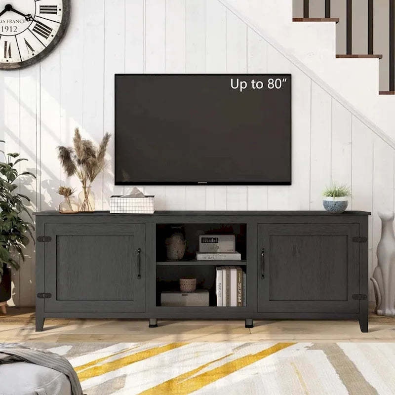 Meuble TV moderne 70 pouces avec étagères, meuble de divertissement multimédia avec portes - Noir - M