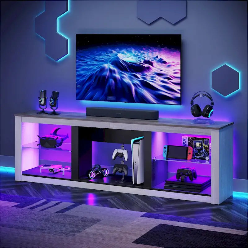 Meuble TV LED 70 pouces avec étagères en verre trempé et armoire ouverte - 71 po