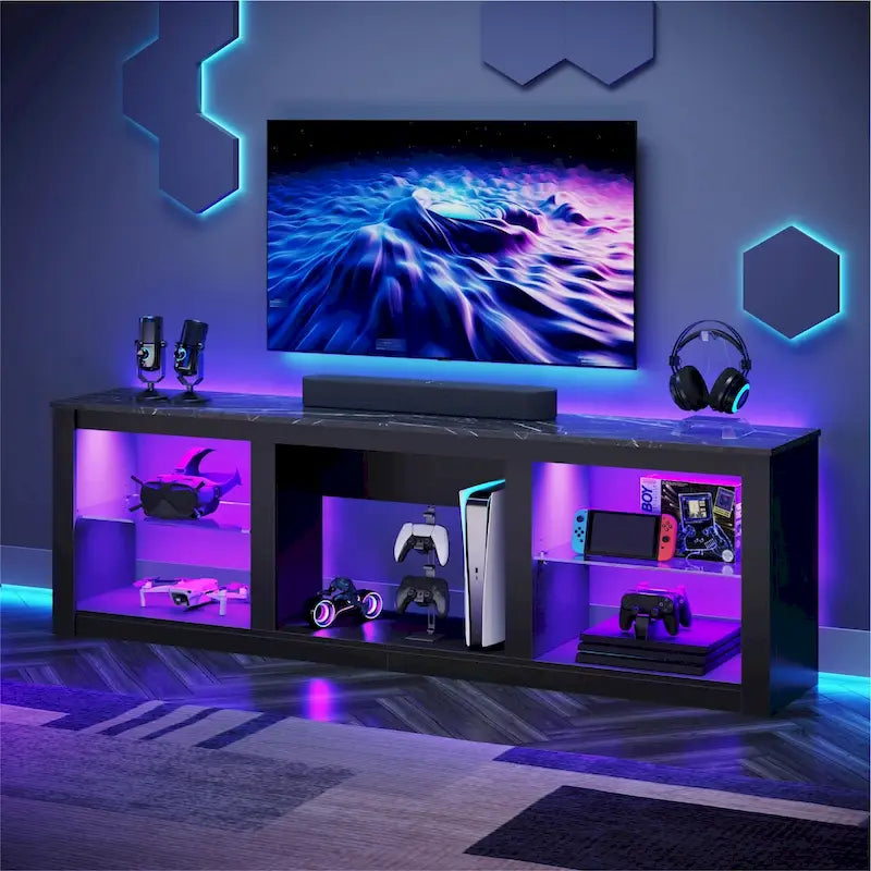Meuble TV LED 70 pouces avec étagères en verre trempé et armoire ouverte - 71 po