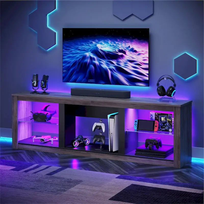 Meuble TV LED 70 pouces avec étagères en verre trempé et armoire ouverte - 71 po