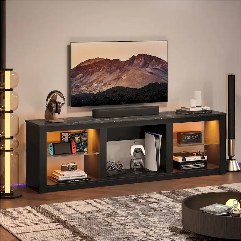 Meuble TV LED 70 pouces avec étagères en verre trempé et armoire ouverte - 71 po