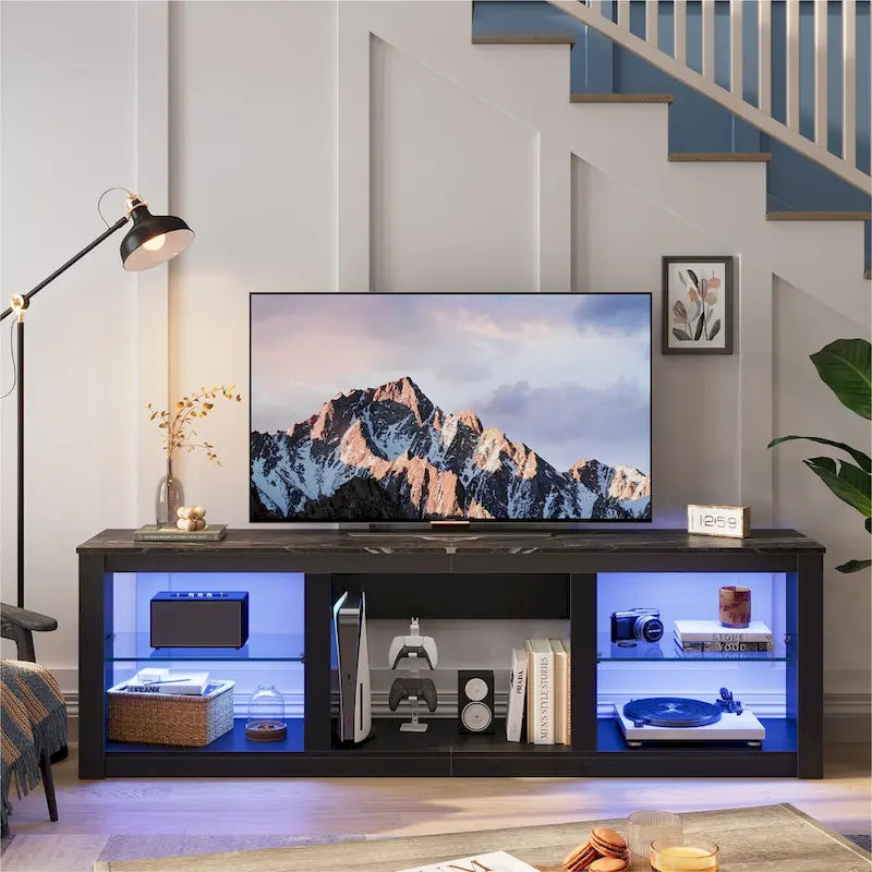 Meuble TV LED 70 pouces avec étagères en verre trempé et armoire ouverte - 71 po