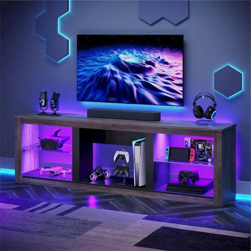 Meuble TV LED 70 pouces avec étagères en verre trempé et armoire ouverte - 71 po