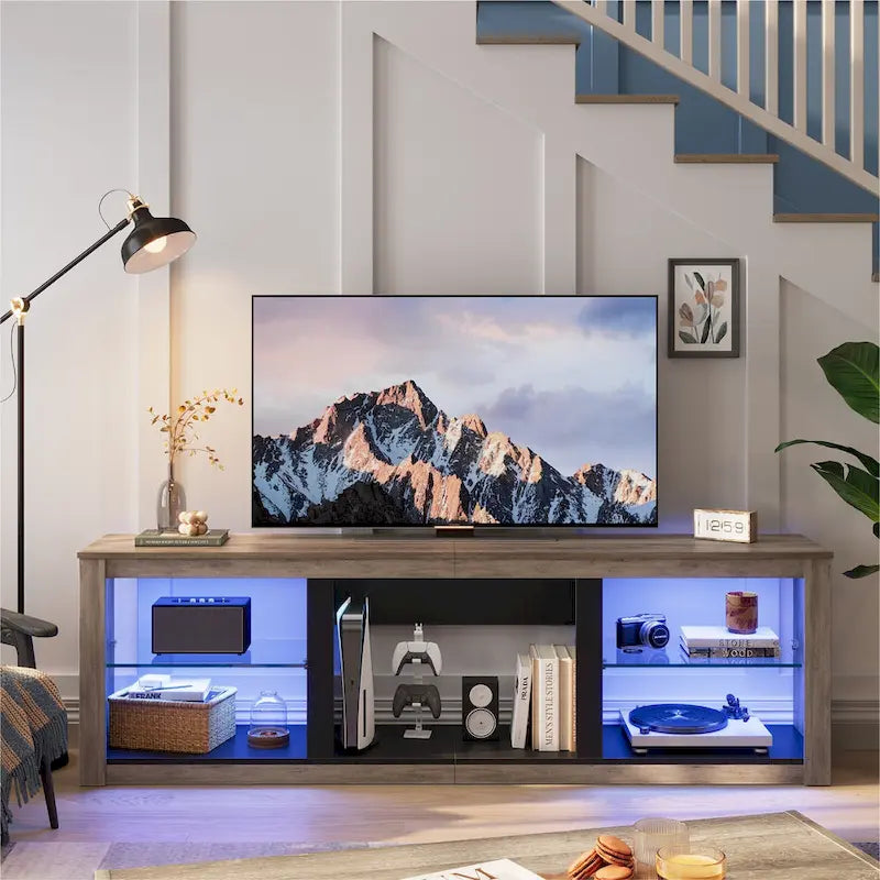 Meuble TV LED 70 pouces avec étagères en verre trempé et armoire ouverte - 71 po
