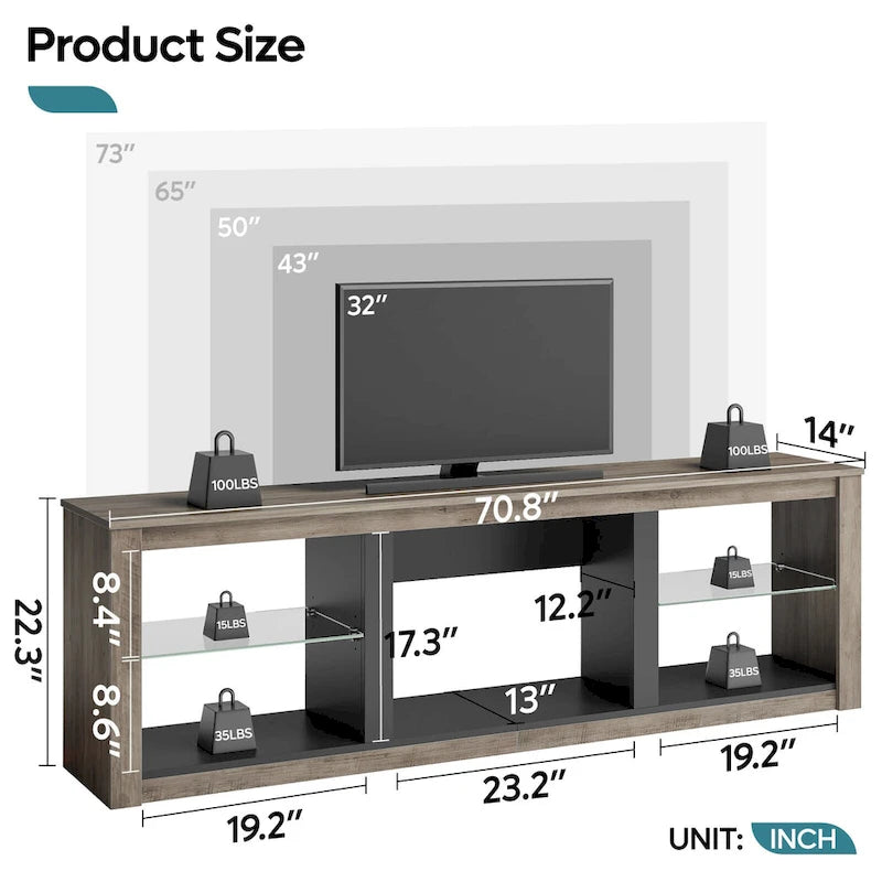 Meuble TV LED 70 pouces avec étagères en verre trempé et armoire ouverte - 71 po